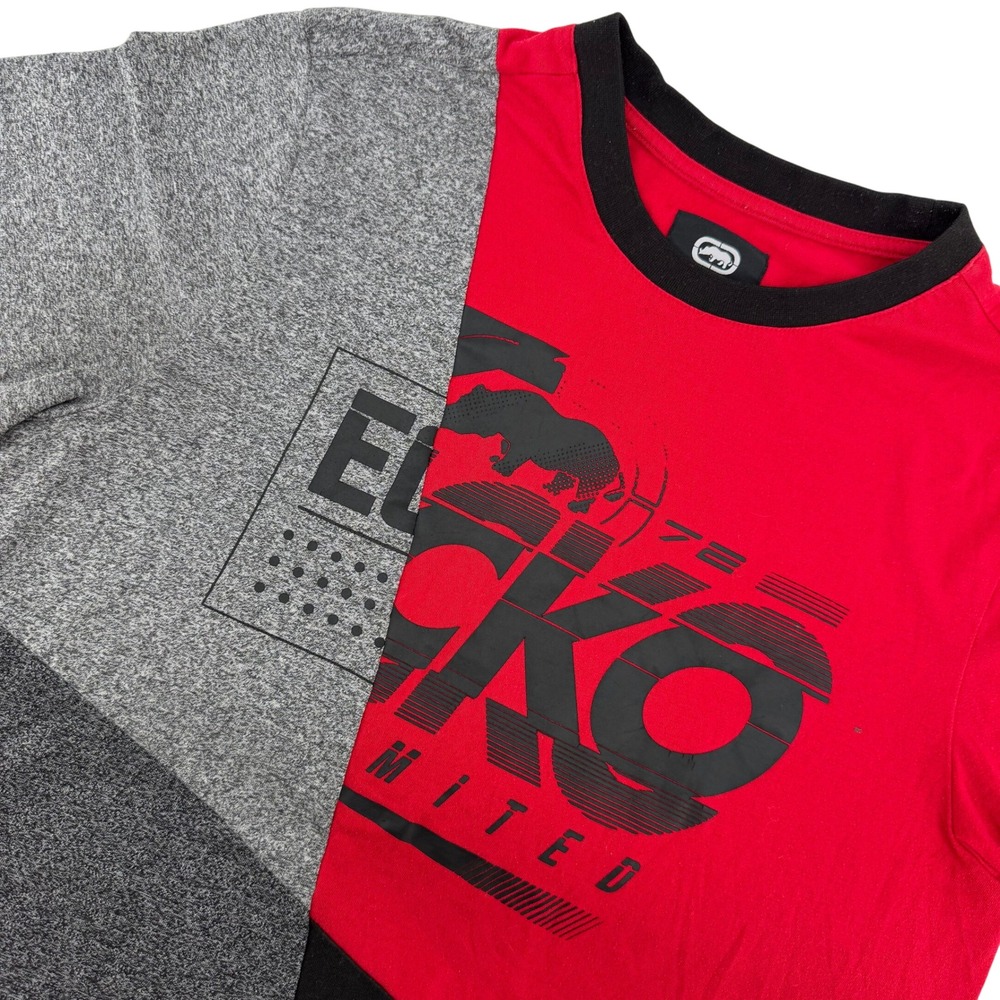 Ecko Unltd Graphic T-Shirt Mens M Red Grey Black Colorblock Rhino Streetwear Y2K